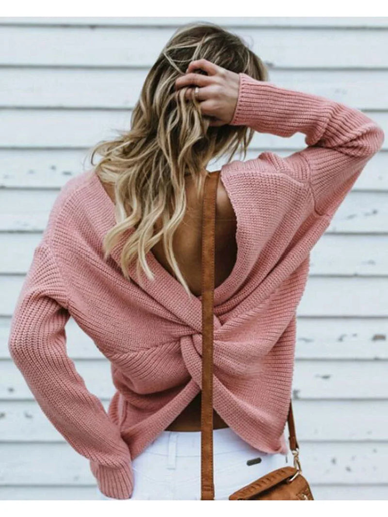 Women Back Criss Cross Beading Knitted Sweater Autumn Winter Elegant OL Warm Pullovers Fashion Solid Jumper Knitwear Pull