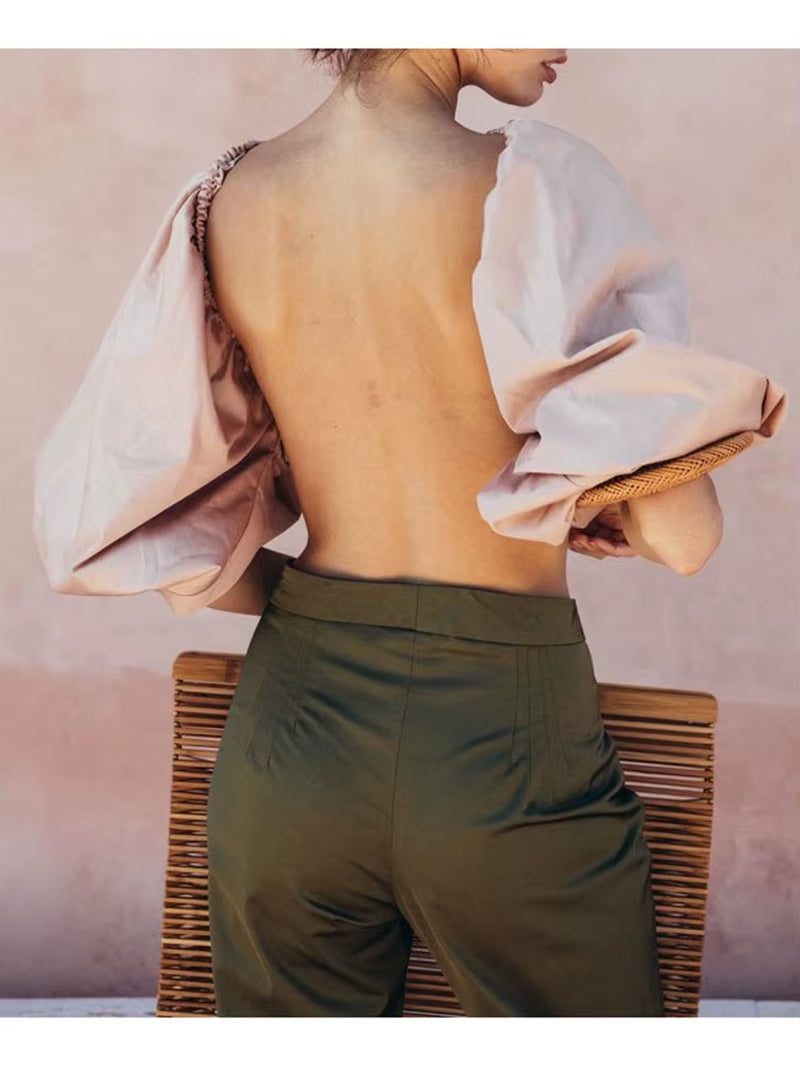 Backless Short Shirt with Lantern Sleeves