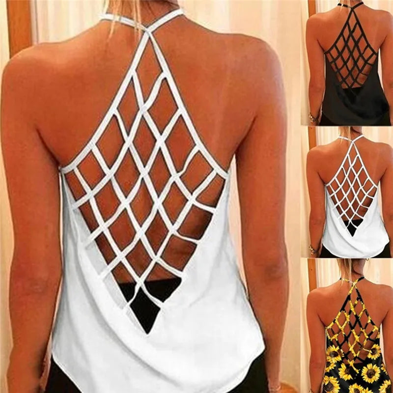 2022 Women'S Camisole & Tanks Solid Sleeveless Tops Backless Hollow Out Open Back Cool Loose Top Sexy Vest Camis