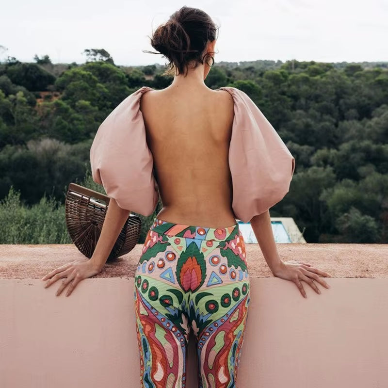 Backless Short Shirt with Lantern Sleeves 